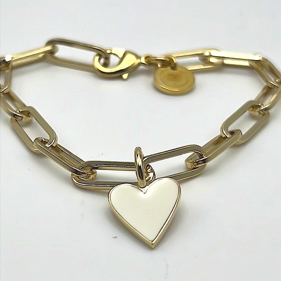 10k Gold Plated Link Bracelet w/White Enamel Heart Charm - NWT - Picture 3 of 3